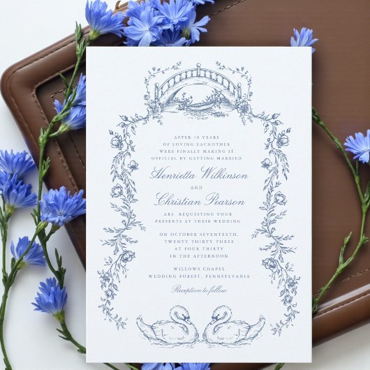 Whimsical Blue Swan Romantic Wedding Invitation Kaart