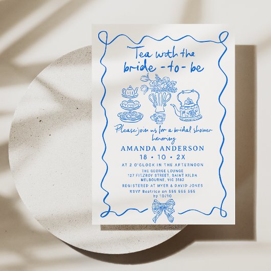 Whimsical Blue Tea Hand getrokken Vrijgezellenfees Kaart