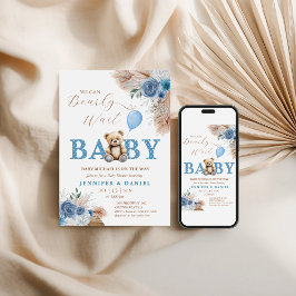 Whimsical Blue Teddy Bear Boho Baby Shower Kaart