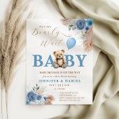 Whimsical Blue Teddy Bear Boho Baby Shower Kaart