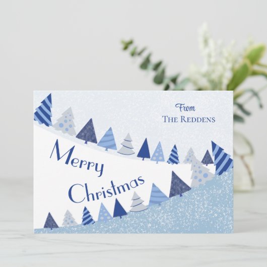 Whimsical Blue Trees Christmas Flat Holiday Kaart (Staand voorkant)