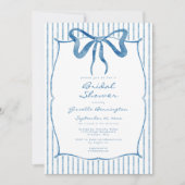 Whimsical Blue Watercolor Bow Stripe Bridal Shower Kaart (Voorkant)