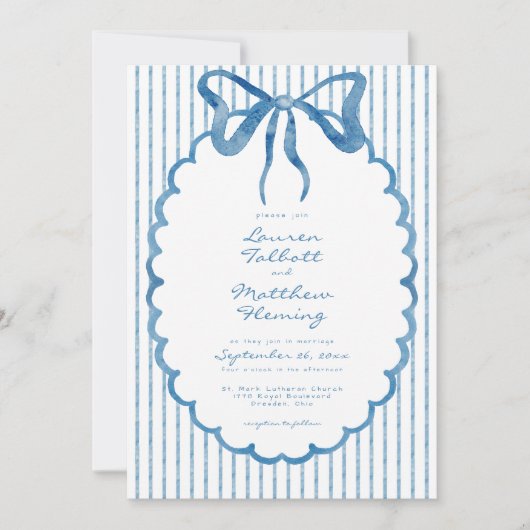 Whimsical Blue Watercolor Bow Stripe Wedding Kaart (Voorkant)