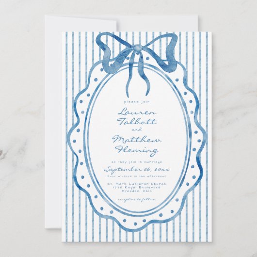Whimsical Blue Watercolor Bow Stripe Wedding Kaart (Voorkant)