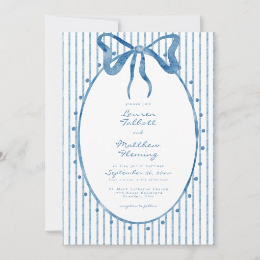 Whimsical Blue Watercolor Bow Stripe Wedding Kaart (Voorkant)