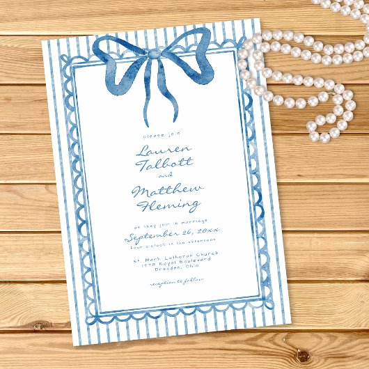 Whimsical Blue Watercolor Bow Stripe Wedding Kaart