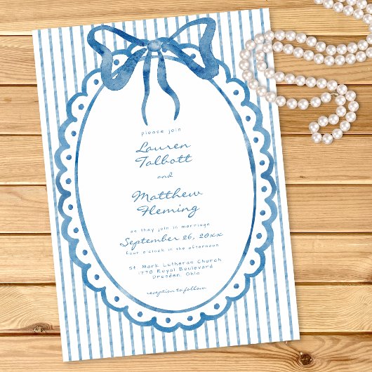 Whimsical Blue Watercolor Bow Stripe Wedding Kaart