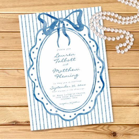 Whimsical Blue Watercolor Bow Stripe Wedding Kaart