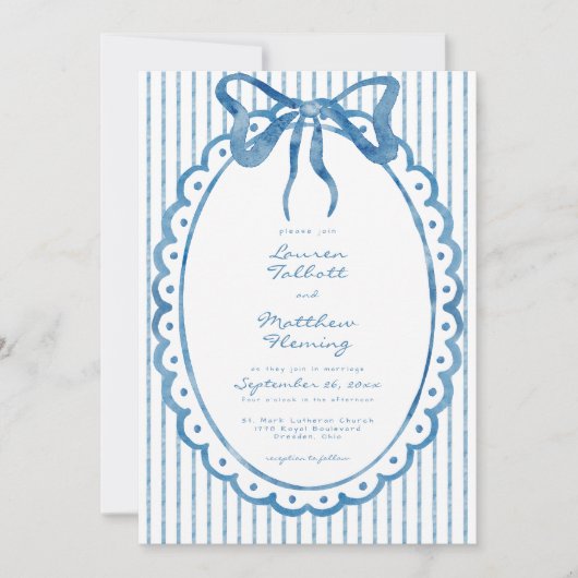 Whimsical Blue Watercolor Bow Stripe Wedding Kaart (Voorkant)