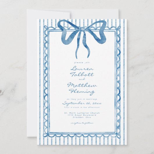 Whimsical Blue Watercolor Bow Stripe Wedding Kaart (Voorkant)