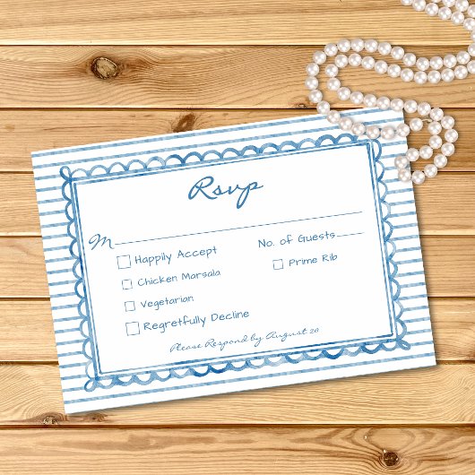 Whimsical Blue Watercolor Stripe Wedding RSVP Kaartje