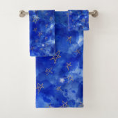 Whimsical Blue Waterverf Gold Bronze Moon Stars Bad Handdoek (Insitu)