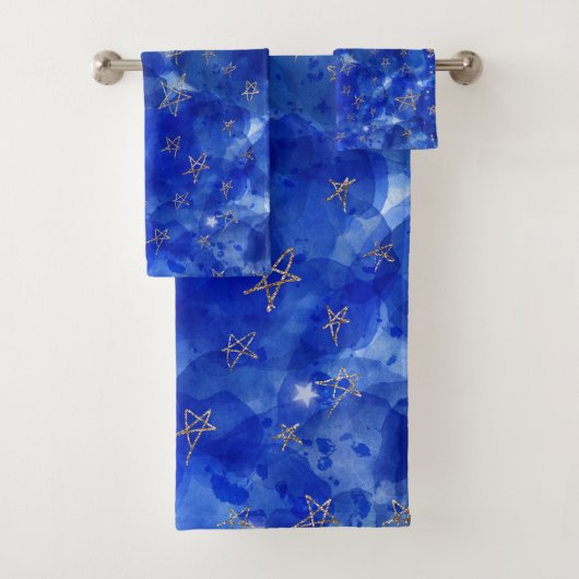 Whimsical Blue Waterverf Gold Bronze Moon Stars Bad Handdoek (Insitu)