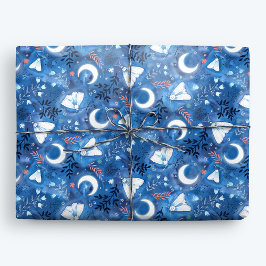 Whimsical Blue Waterverf Moths and Moon Cadeaupapier