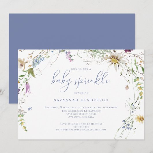 Whimsical Blue Waterverf Wildflower Baby Sprinkle Kaart (Voorkant / Achterkant)