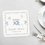 Whimsical Blue Wavy Frame Cream Wedding Kartonnen Onderzetters<br><div class="desc">Romantic light cream coasters for your engagement party,  rehearsal dinner,  wedding reception,  party favors,  etc.,  featuring a french blue wavy frame adorned with coquette bows,  whimsical hand drawn illustrations of a heart,  stars and wine glasses,  and the names of the bride and groom in a playful blue script.</div>