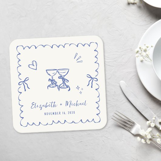 Whimsical Blue Wavy Frame Cream Wedding Kartonnen Onderzetters