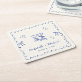 Whimsical Blue Wavy Frame Cream Wedding Kartonnen Onderzetters (Schuin)