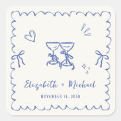 Whimsical Blue Wavy Frame Cream Wedding Vierkante Sticker (Voorkant)
