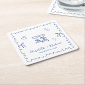 Whimsical Blue Wavy Frame Wedding Kartonnen Onderzetters (Schuin)