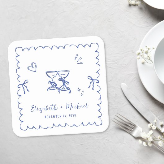 Whimsical Blue Wavy Frame Wedding Kartonnen Onderzetters