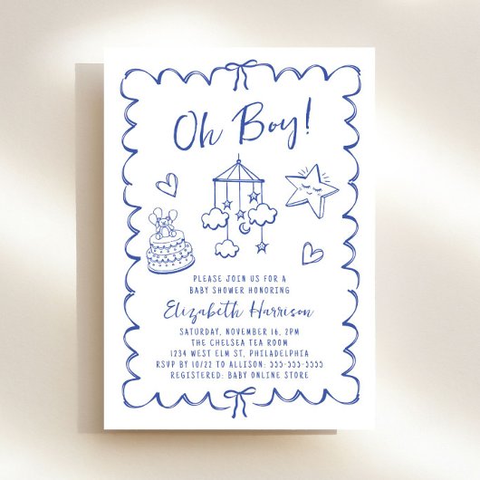 Whimsical Blue Wavy Lijst Baby Boy Shower Kaart