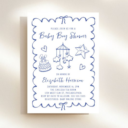 Whimsical Blue Wavy Lijst Baby Boy Shower Kaart