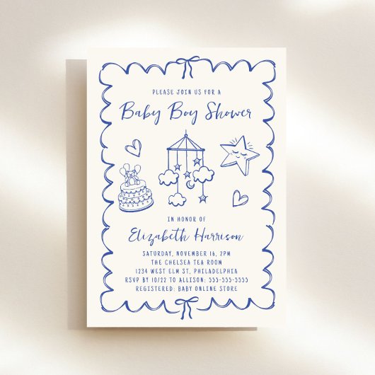 Whimsical Blue Wavy Lijst Baby Boy Shower Kaart