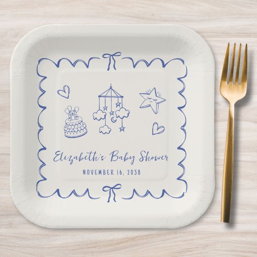 Whimsical Blue Wavy Lijst Baby Boy Shower Papieren Bordje