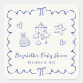 Whimsical Blue Wavy Lijst Baby Boy Shower Vierkante Sticker (Voorkant)