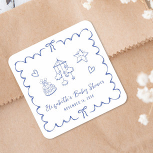 Whimsical Blue Wavy Lijst Baby Boy Shower Vierkante Sticker
