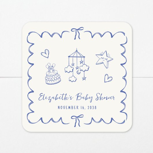 Whimsical Blue Wavy Lijst Baby Boy Shower Vierkante Sticker