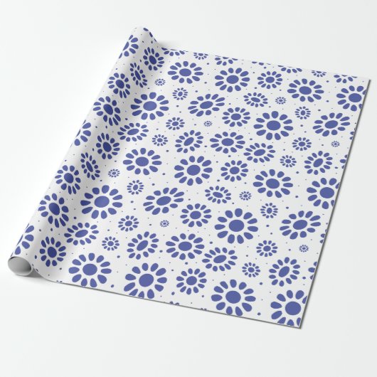 Whimsical Blue White Abstract Daisy Pattern Cadeaupapier (Uitgerold)