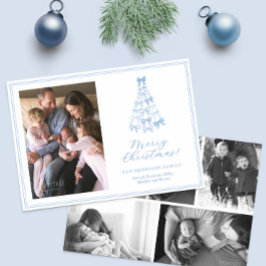 Whimsical Blue White Bows Vrolijke Kerstfoto Feestdagenkaart