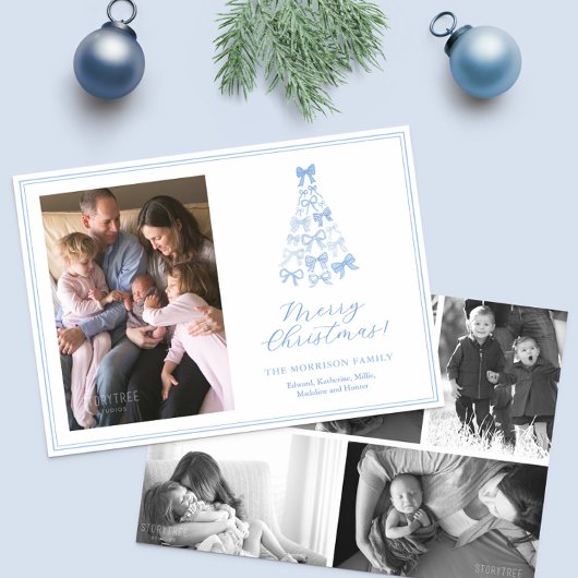 Whimsical Blue White Bows Vrolijke Kerstfoto Feestdagenkaart