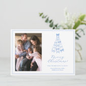 Whimsical Blue White Bows Vrolijke Kerstfoto Feestdagenkaart (Staand voorkant)