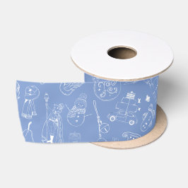 Whimsical Blue White Christmas Doodle Ribbon Satijnen Lint