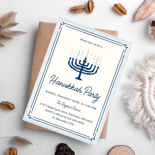 Whimsical Blue & White Hand Drawn Hanukkah Party Kaart