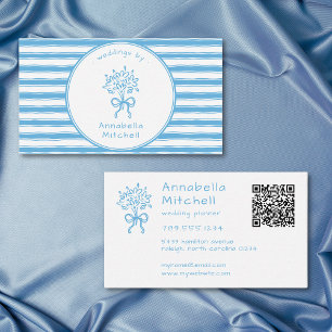Whimsical Blue White Streep Planner Bloemist QR Visitekaartje