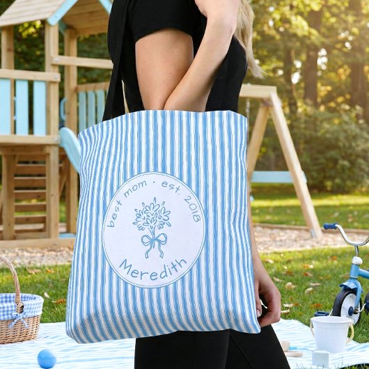 Whimsical Blue White Stripe Preppy Mom Established Tote Bag