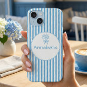 Whimsical Blue White Stripe Preppy Monogram iPhone 15 Case
