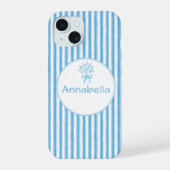 Whimsical Blue White Stripe Preppy Monogram iPhone 15 Case (Achterkant)