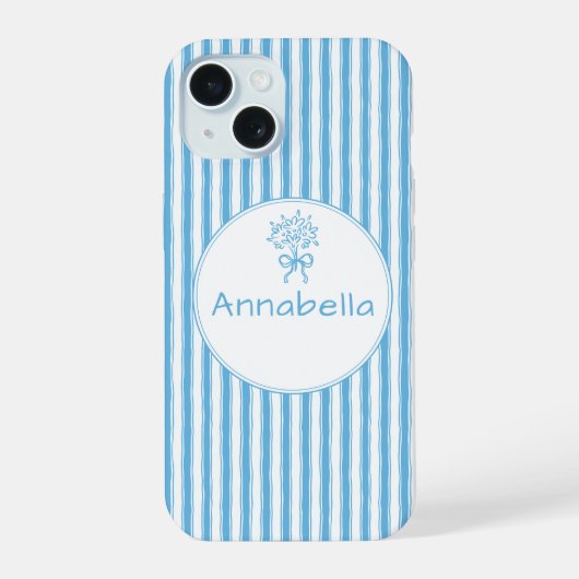 Whimsical Blue White Stripe Preppy Monogram iPhone 15 Case (Achterkant)