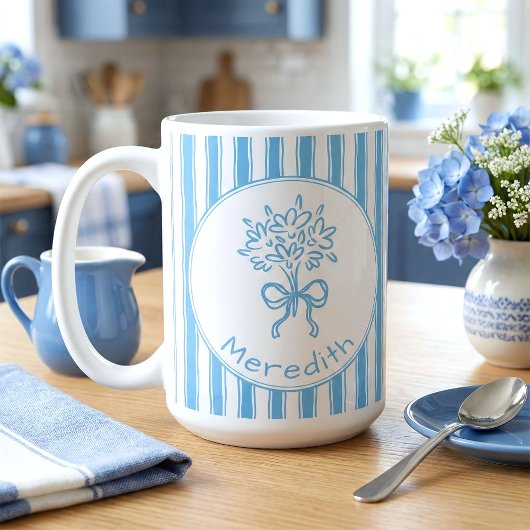 Whimsical Blue White Stripe Preppy Monogram Koffiemok