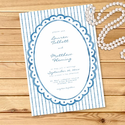 Whimsical Blue White Watercolor Stripe Wedding Kaart