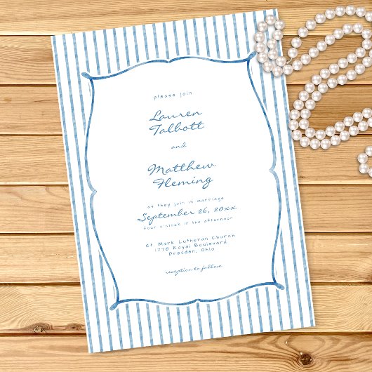 Whimsical Blue White Watercolor Stripe Wedding Kaart