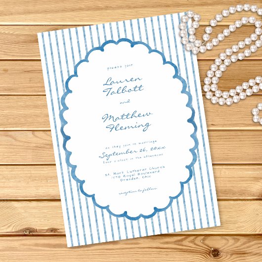 Whimsical Blue White Watercolor Stripe Wedding Kaart