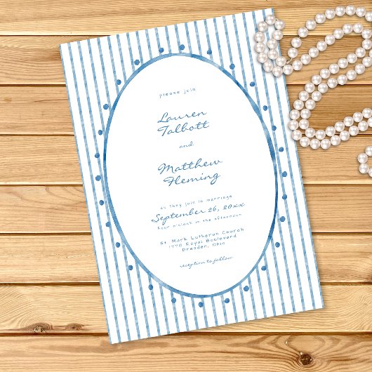 Whimsical Blue White Watercolor Stripe Wedding Kaart