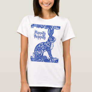 Whimsical Blue Willow Bunny Rabbit Spring T-shirt