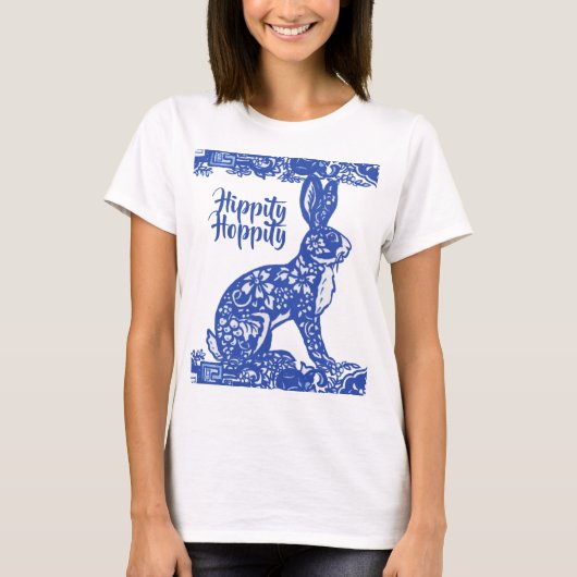 Whimsical Blue Willow Bunny Rabbit Spring T-shirt (Voorkant)